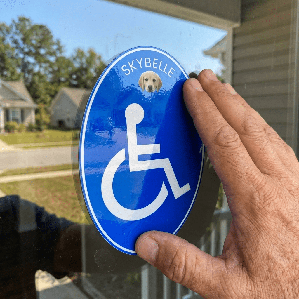 Applying Skybelle sticker to window